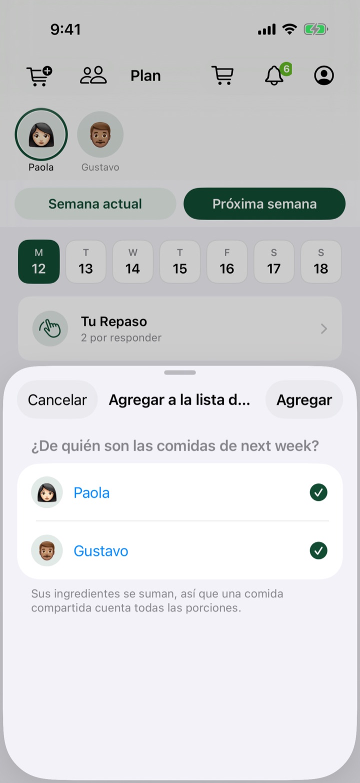 Eligiendo de quién son las comidas que se agregan a la lista de compras