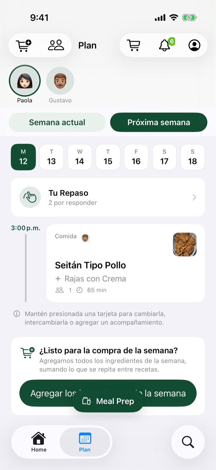 El plan semanal con los miembros de la familia y las comidas de la próxima semana